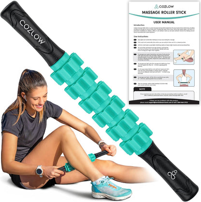 Muscle Roller Stick, Black Green, Hand Held Body Massager, 9 Rollers