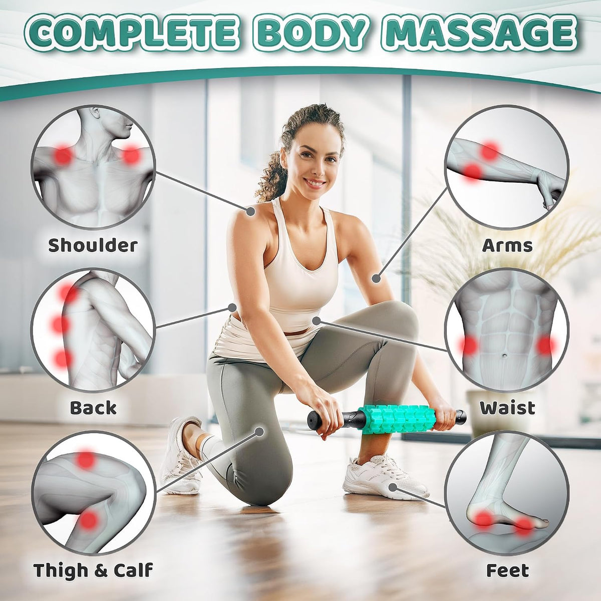 Muscle Roller Stick, Black Green, Hand Held Body Massager, 9 Rollers