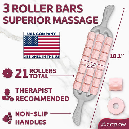 Muscle Roller Stick, Black Green, Hand Held Body Massager, 9 Rollers