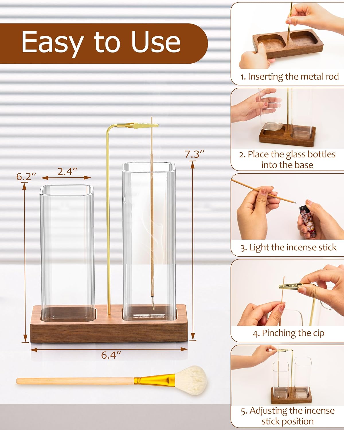 2 in 1 Incense Holder with Glass Jars, Large Incense Holder for Sticks, Upside Down Incense Burner with Ash Catcher & Storage for Meditation Yoga Spa Home Decor - 20 Incense Sticks & Brush