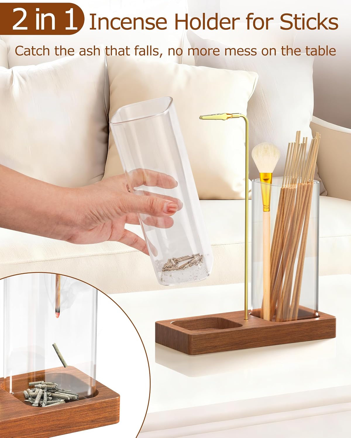 2 in 1 Incense Holder with Glass Jars, Large Incense Holder for Sticks, Upside Down Incense Burner with Ash Catcher & Storage for Meditation Yoga Spa Home Decor - 20 Incense Sticks & Brush
