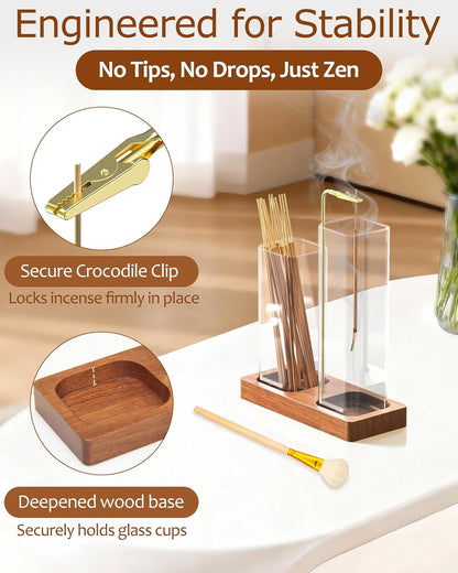 2 in 1 Incense Holder with Glass Jars, Large Incense Holder for Sticks, Upside Down Incense Burner with Ash Catcher & Storage for Meditation Yoga Spa Home Decor - 20 Incense Sticks & Brush