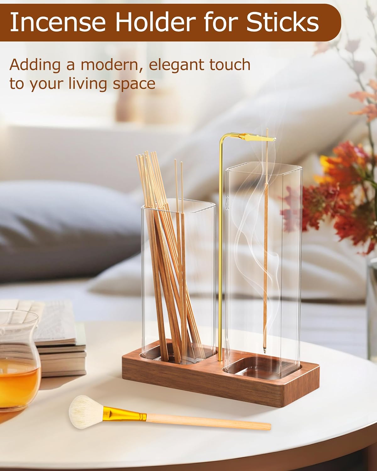 2 in 1 Incense Holder with Glass Jars, Large Incense Holder for Sticks, Upside Down Incense Burner with Ash Catcher & Storage for Meditation Yoga Spa Home Decor - 20 Incense Sticks & Brush