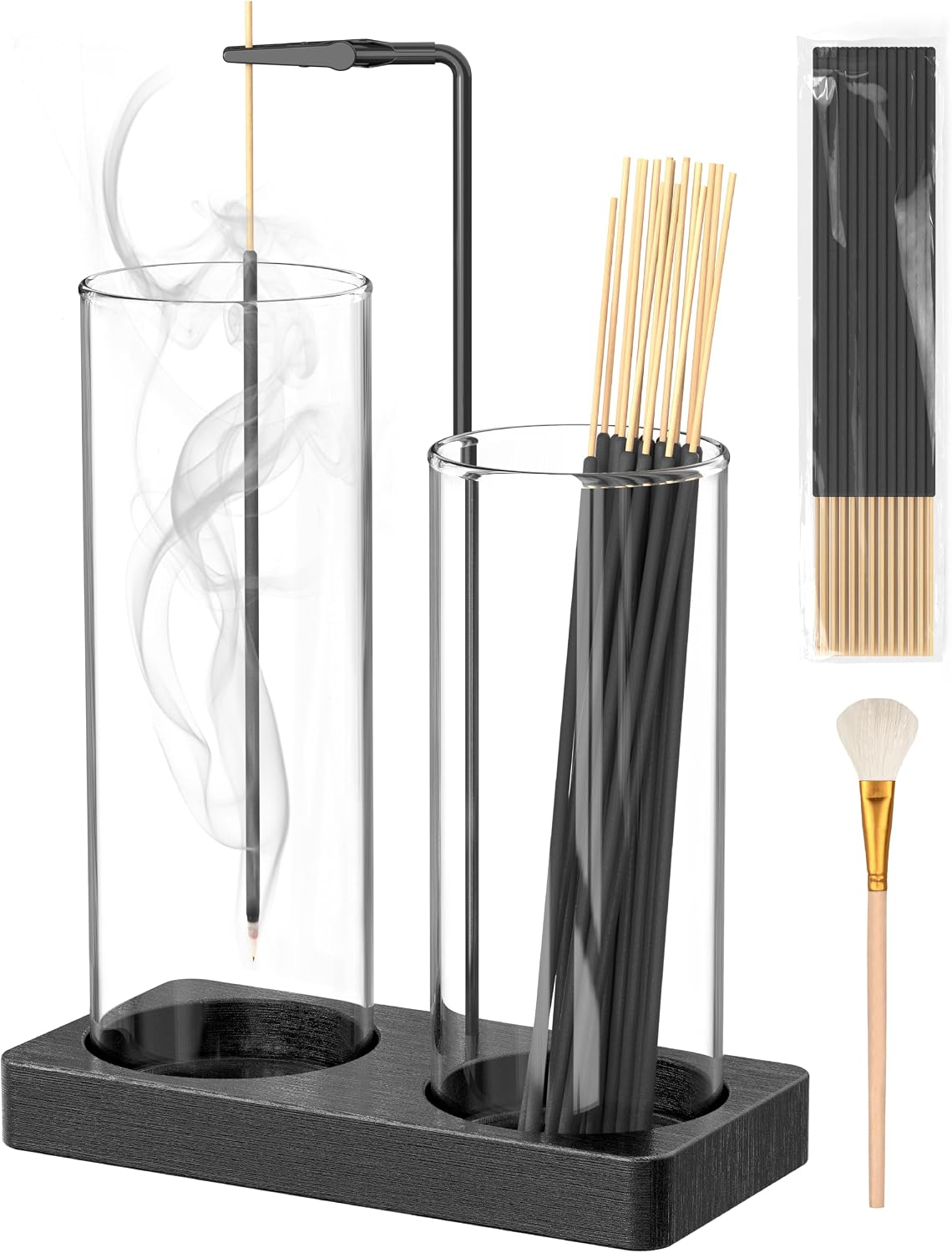 2 in 1 Incense Holder with Glass Jars, Large Incense Holder for Sticks, Upside Down Incense Burner with Ash Catcher & Storage for Meditation Yoga Spa Home Decor - 20 Incense Sticks & Brush