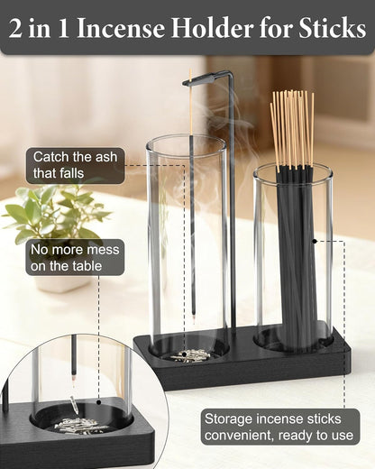 2 in 1 Incense Holder with Glass Jars, Large Incense Holder for Sticks, Upside Down Incense Burner with Ash Catcher & Storage for Meditation Yoga Spa Home Decor - 20 Incense Sticks & Brush