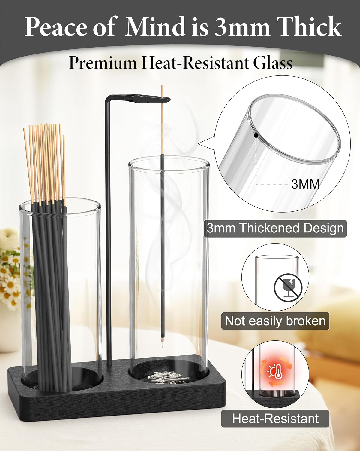 2 in 1 Incense Holder with Glass Jars, Large Incense Holder for Sticks, Upside Down Incense Burner with Ash Catcher & Storage for Meditation Yoga Spa Home Decor - 20 Incense Sticks & Brush