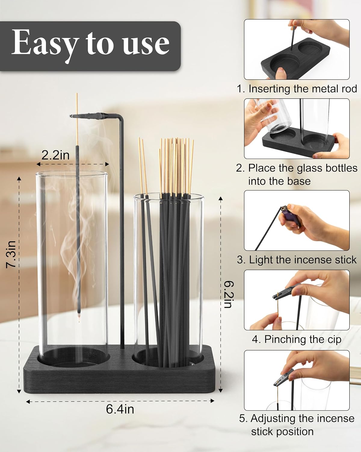 2 in 1 Incense Holder with Glass Jars, Large Incense Holder for Sticks, Upside Down Incense Burner with Ash Catcher & Storage for Meditation Yoga Spa Home Decor - 20 Incense Sticks & Brush