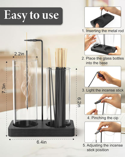 2 in 1 Incense Holder with Glass Jars, Large Incense Holder for Sticks, Upside Down Incense Burner with Ash Catcher & Storage for Meditation Yoga Spa Home Decor - 20 Incense Sticks & Brush