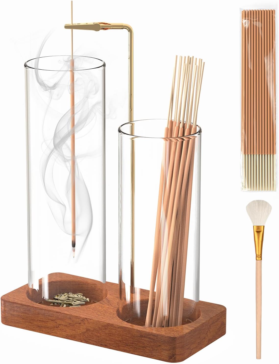 2 in 1 Incense Holder with Glass Jars, Large Incense Holder for Sticks, Upside Down Incense Burner with Ash Catcher & Storage for Meditation Yoga Spa Home Decor - 20 Incense Sticks & Brush