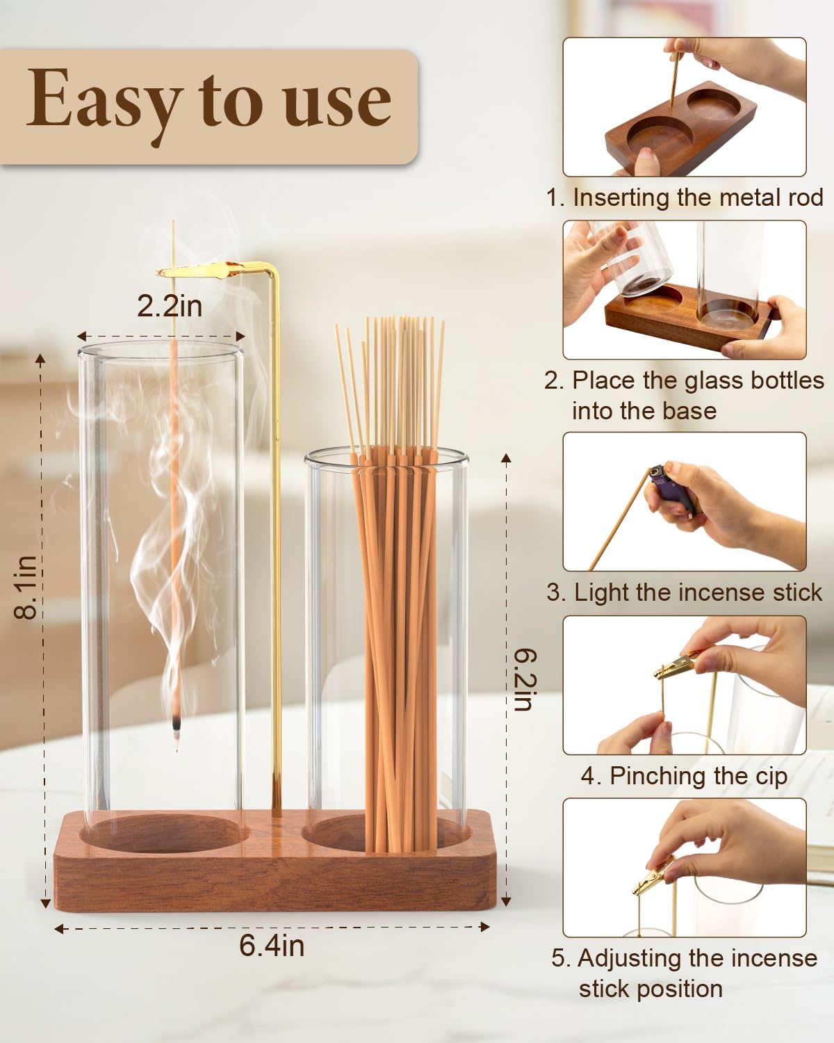 2 in 1 Incense Holder with Glass Jars, Large Incense Holder for Sticks, Upside Down Incense Burner with Ash Catcher & Storage for Meditation Yoga Spa Home Decor - 20 Incense Sticks & Brush