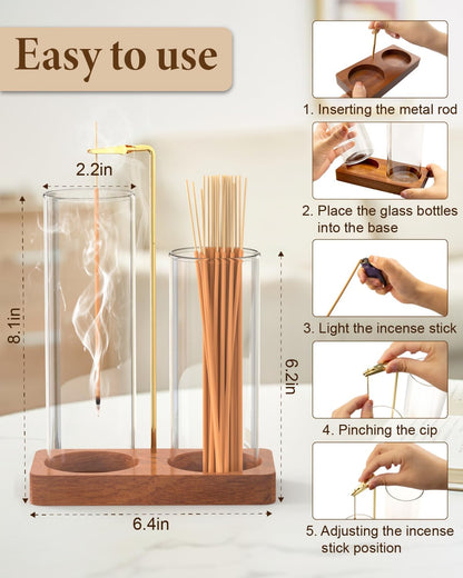 2 in 1 Incense Holder with Glass Jars, Large Incense Holder for Sticks, Upside Down Incense Burner with Ash Catcher & Storage for Meditation Yoga Spa Home Decor - 20 Incense Sticks & Brush