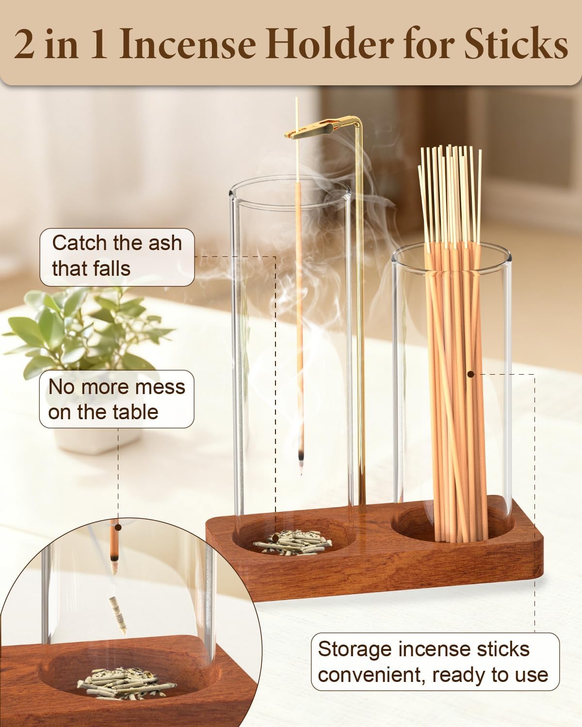 2 in 1 Incense Holder with Glass Jars, Large Incense Holder for Sticks, Upside Down Incense Burner with Ash Catcher & Storage for Meditation Yoga Spa Home Decor - 20 Incense Sticks & Brush