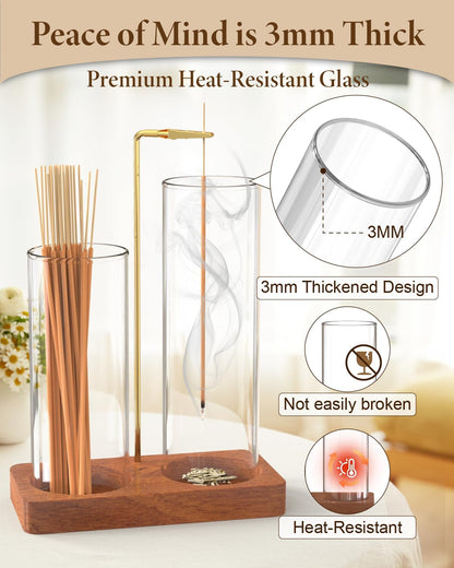 2 in 1 Incense Holder with Glass Jars, Large Incense Holder for Sticks, Upside Down Incense Burner with Ash Catcher & Storage for Meditation Yoga Spa Home Decor - 20 Incense Sticks & Brush