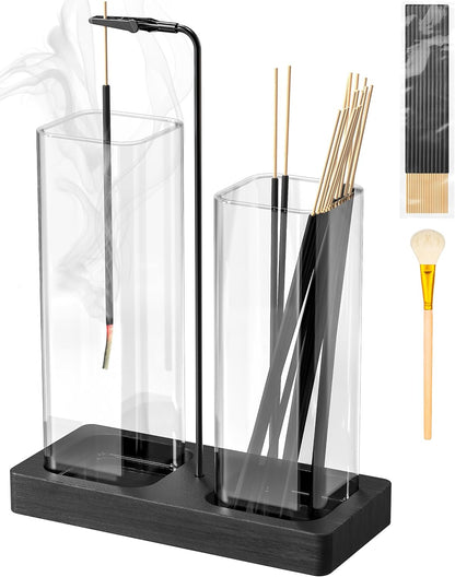 2 in 1 Incense Holder with Glass Jars, Large Incense Holder for Sticks, Upside Down Incense Burner with Ash Catcher & Storage for Meditation Yoga Spa Home Decor - 20 Incense Sticks & Brush