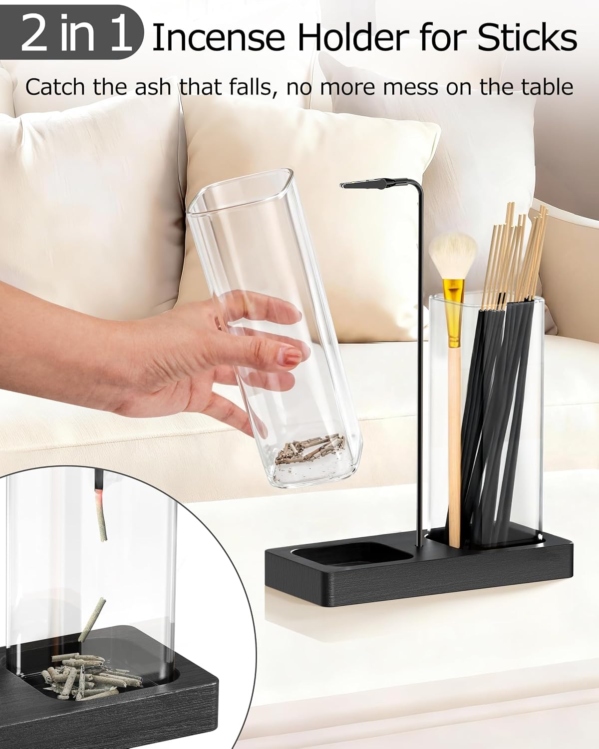 2 in 1 Incense Holder with Glass Jars, Large Incense Holder for Sticks, Upside Down Incense Burner with Ash Catcher & Storage for Meditation Yoga Spa Home Decor - 20 Incense Sticks & Brush
