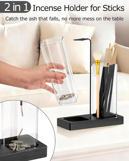 2 in 1 Incense Holder with Glass Jars, Large Incense Holder for Sticks, Upside Down Incense Burner with Ash Catcher & Storage for Meditation Yoga Spa Home Decor - 20 Incense Sticks & Brush