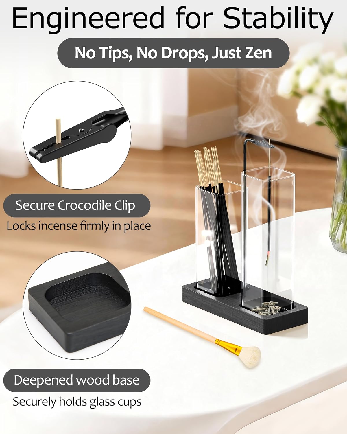 2 in 1 Incense Holder with Glass Jars, Large Incense Holder for Sticks, Upside Down Incense Burner with Ash Catcher & Storage for Meditation Yoga Spa Home Decor - 20 Incense Sticks & Brush