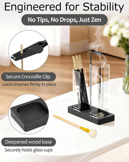 2 in 1 Incense Holder with Glass Jars, Large Incense Holder for Sticks, Upside Down Incense Burner with Ash Catcher & Storage for Meditation Yoga Spa Home Decor - 20 Incense Sticks & Brush