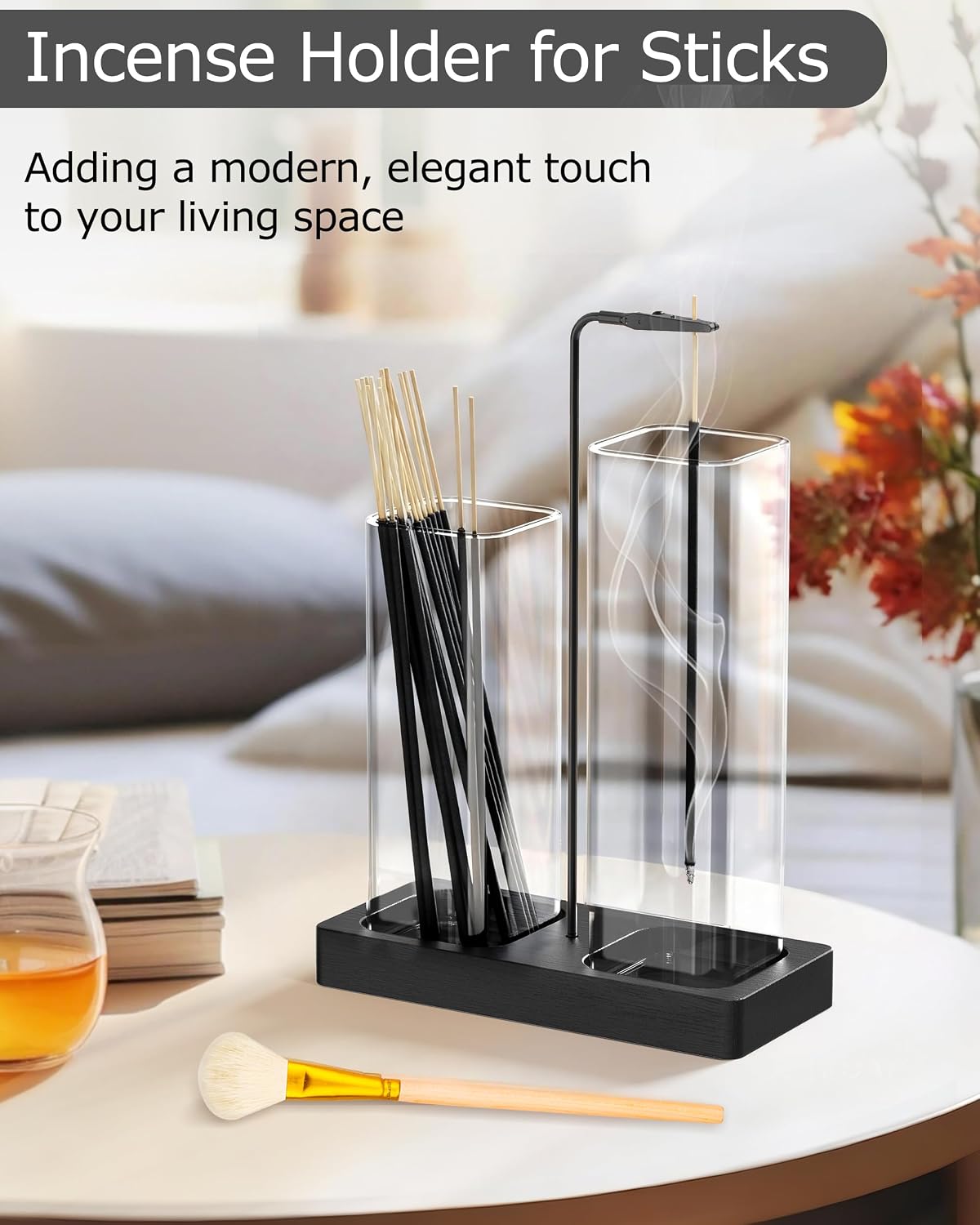 2 in 1 Incense Holder with Glass Jars, Large Incense Holder for Sticks, Upside Down Incense Burner with Ash Catcher & Storage for Meditation Yoga Spa Home Decor - 20 Incense Sticks & Brush