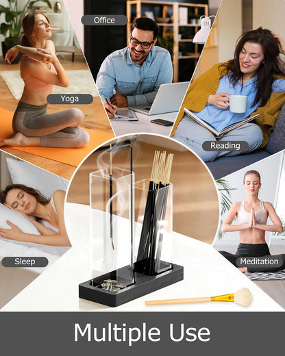 2 in 1 Incense Holder with Glass Jars, Large Incense Holder for Sticks, Upside Down Incense Burner with Ash Catcher & Storage for Meditation Yoga Spa Home Decor - 20 Incense Sticks & Brush