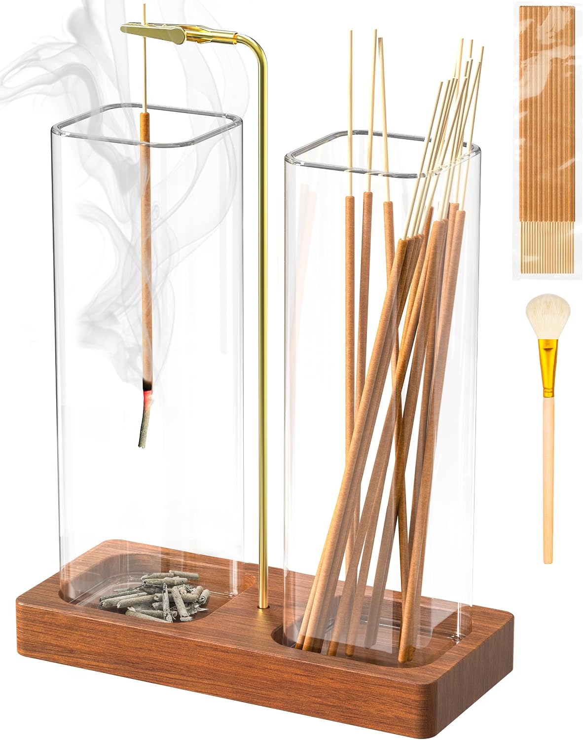 2 in 1 Incense Holder with Glass Jars, Large Incense Holder for Sticks, Upside Down Incense Burner with Ash Catcher & Storage for Meditation Yoga Spa Home Decor - 20 Incense Sticks & Brush