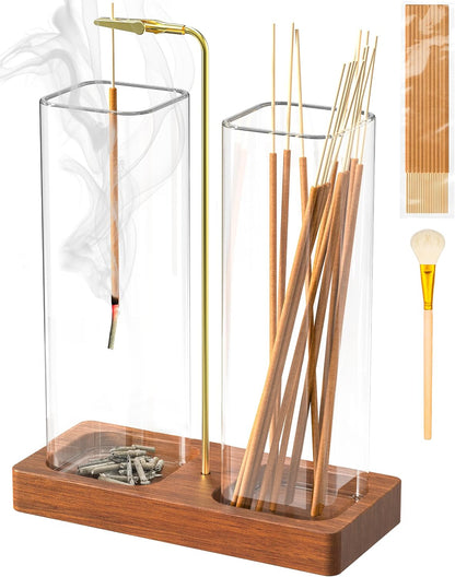 2 in 1 Incense Holder with Glass Jars, Large Incense Holder for Sticks, Upside Down Incense Burner with Ash Catcher & Storage for Meditation Yoga Spa Home Decor - 20 Incense Sticks & Brush