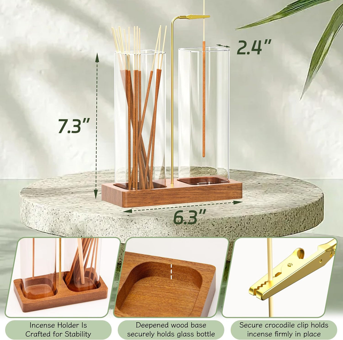 2 in 1 Incense Holder with Glass Jars, Large Incense Holder for Sticks, Upside Down Incense Burner with Ash Catcher & Storage for Meditation Yoga Spa Home Decor - 20 Incense Sticks & Brush