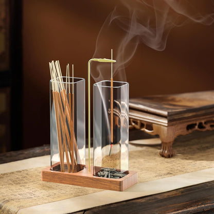 2 in 1 Incense Holder with Glass Jars, Large Incense Holder for Sticks, Upside Down Incense Burner with Ash Catcher & Storage for Meditation Yoga Spa Home Decor - 20 Incense Sticks & Brush