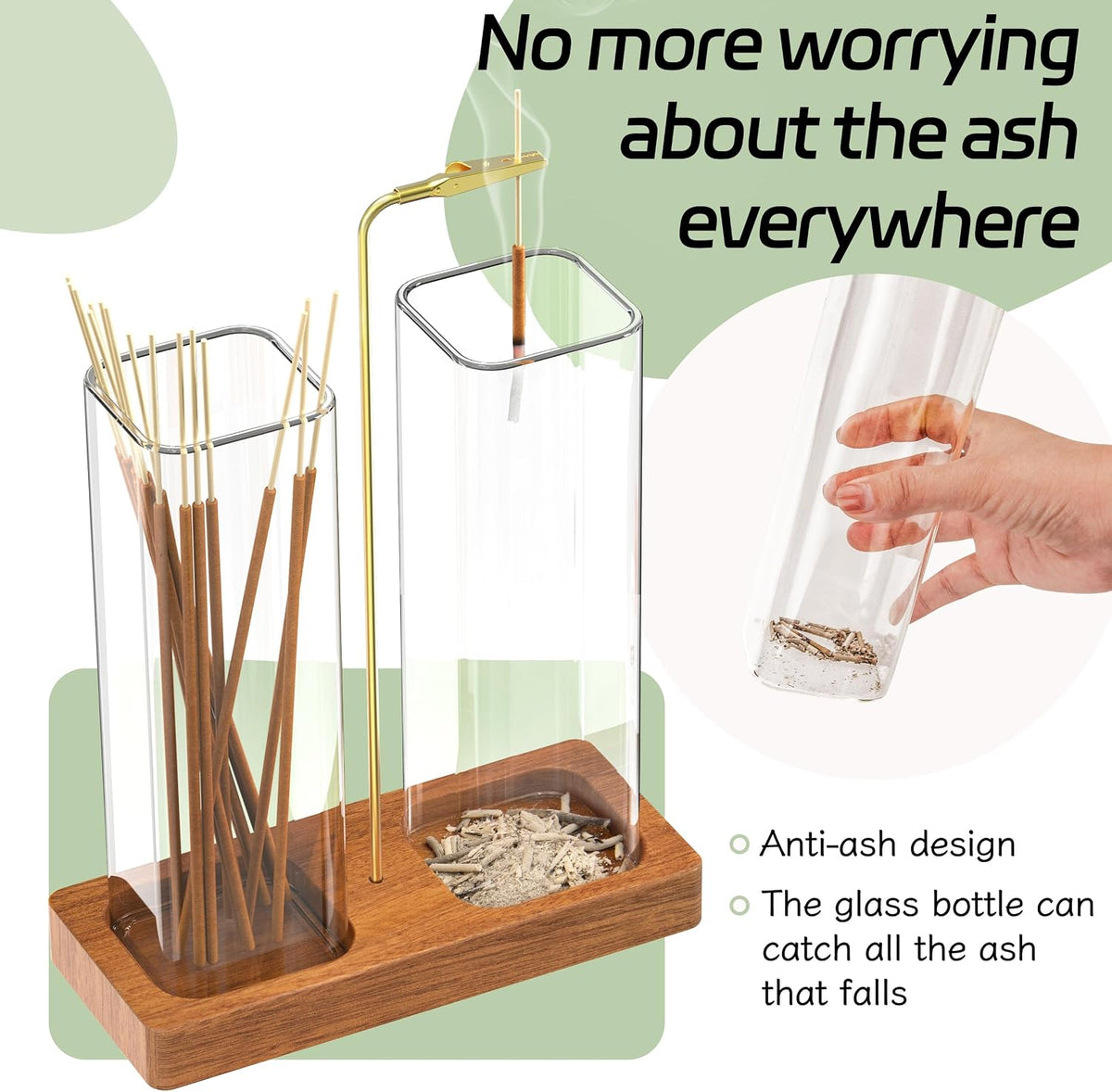 2 in 1 Incense Holder with Glass Jars, Large Incense Holder for Sticks, Upside Down Incense Burner with Ash Catcher & Storage for Meditation Yoga Spa Home Decor - 20 Incense Sticks & Brush