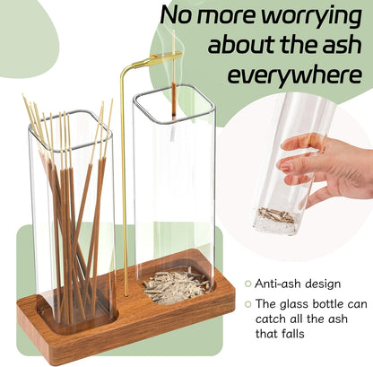 2 in 1 Incense Holder with Glass Jars, Large Incense Holder for Sticks, Upside Down Incense Burner with Ash Catcher & Storage for Meditation Yoga Spa Home Decor - 20 Incense Sticks & Brush