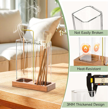 2 in 1 Incense Holder with Glass Jars, Large Incense Holder for Sticks, Upside Down Incense Burner with Ash Catcher & Storage for Meditation Yoga Spa Home Decor - 20 Incense Sticks & Brush