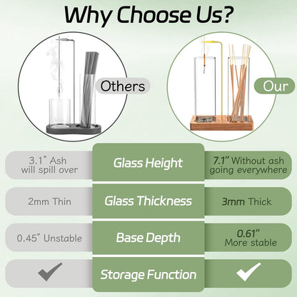 2 in 1 Incense Holder with Glass Jars, Large Incense Holder for Sticks, Upside Down Incense Burner with Ash Catcher & Storage for Meditation Yoga Spa Home Decor - 20 Incense Sticks & Brush
