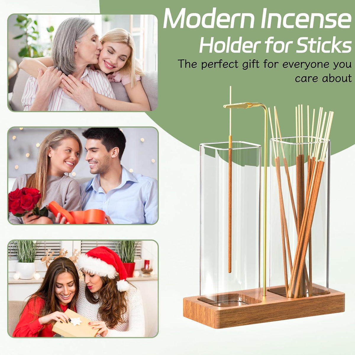 2 in 1 Incense Holder with Glass Jars, Large Incense Holder for Sticks, Upside Down Incense Burner with Ash Catcher & Storage for Meditation Yoga Spa Home Decor - 20 Incense Sticks & Brush