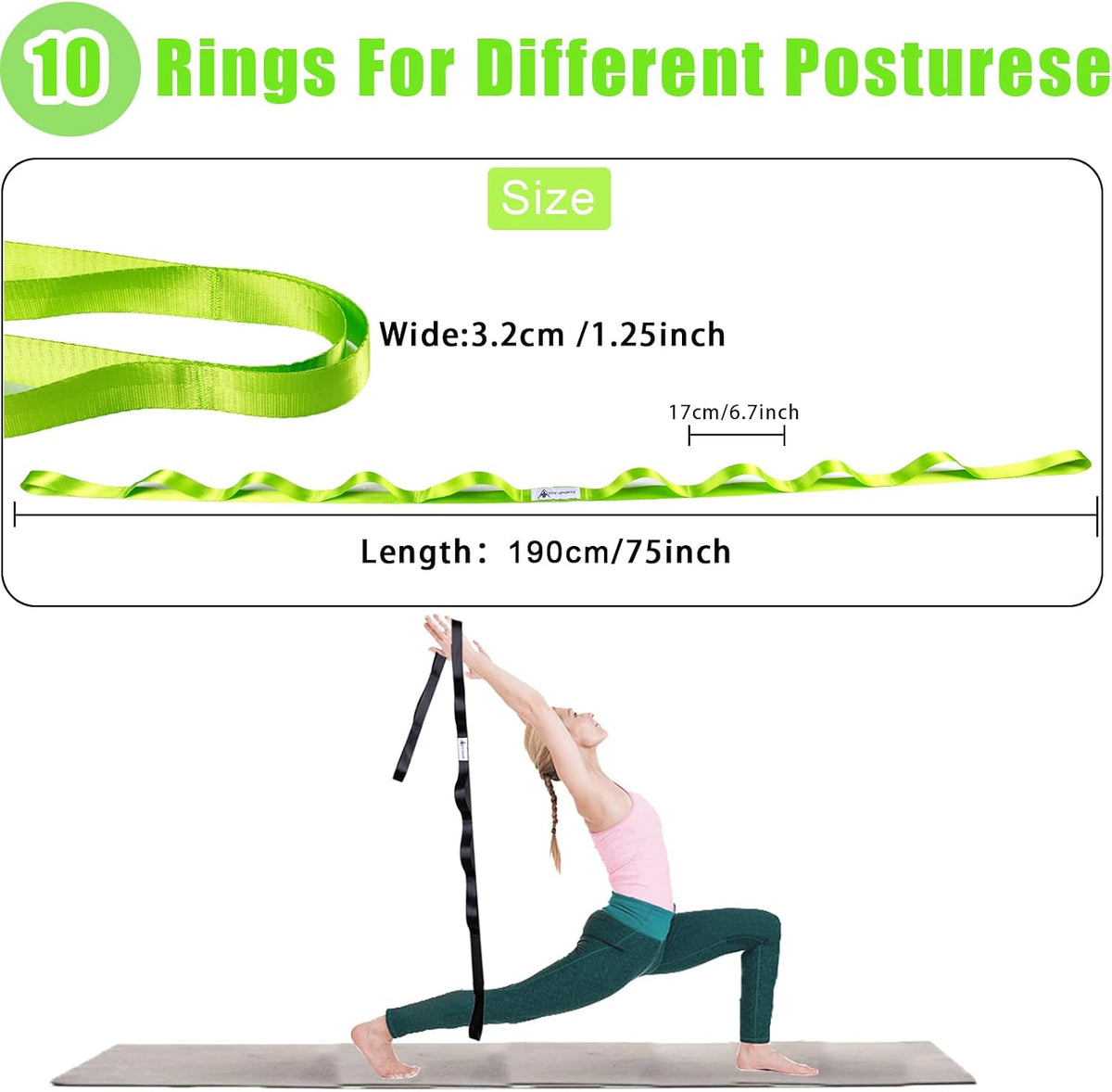 Stretching Strap Yoga Strap for Physical Therapy with 10 Loops, Yoga Straps for Stretching, Upgraded Non-Elastic Stretch Band for Pilates, Dance and Gymnastics with Workout Guide