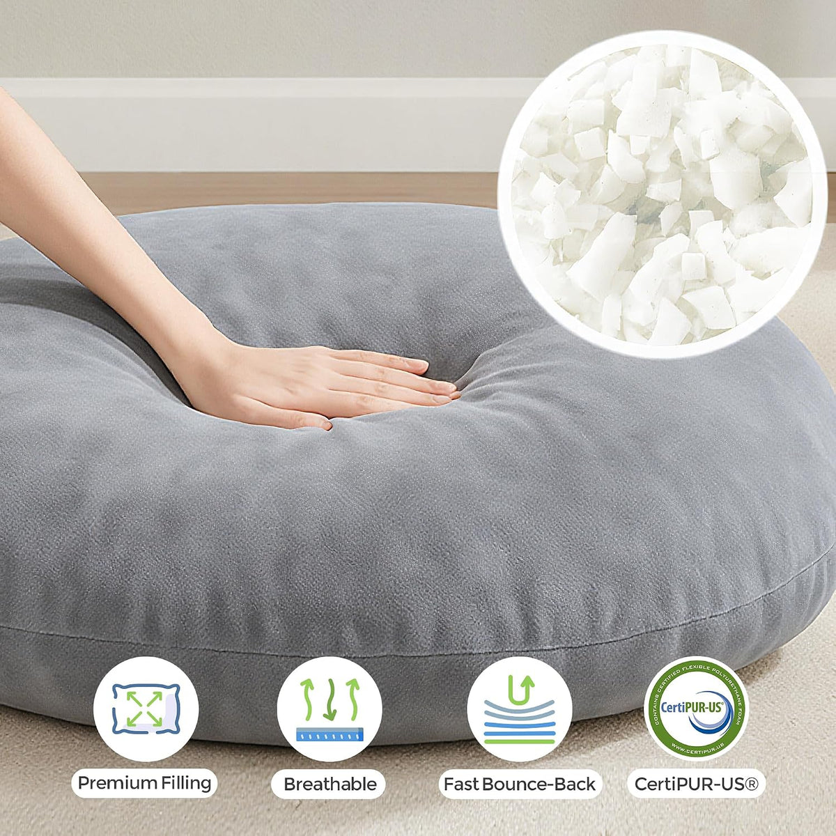 32" Floor Pillow, Large Meditation Cushions for Adults, Grey