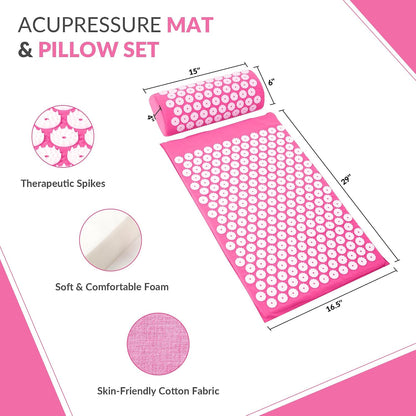 Acupressure Mat and Pillow Set for Back/Neck Pain, Acupuncture Products to Relieve Muscle Fatigue, Improve Insomnia for Sedentary People, Acupuncture Eases Stress, Massage Mat, Pink