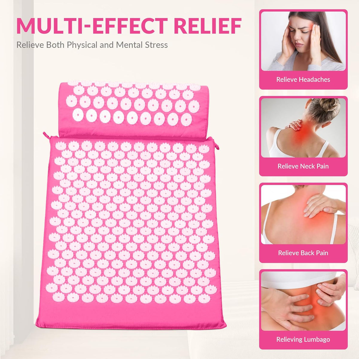 Acupressure Mat and Pillow Set for Back/Neck Pain, Acupuncture Products to Relieve Muscle Fatigue, Improve Insomnia for Sedentary People, Acupuncture Eases Stress, Massage Mat, Pink