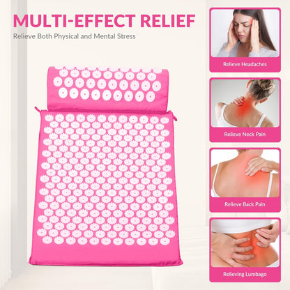 Acupressure Mat and Pillow Set for Back/Neck Pain, Acupuncture Products to Relieve Muscle Fatigue, Improve Insomnia for Sedentary People, Acupuncture Eases Stress, Massage Mat, Pink