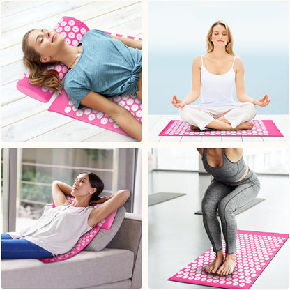 Acupressure Mat and Pillow Set for Back/Neck Pain, Acupuncture Products to Relieve Muscle Fatigue, Improve Insomnia for Sedentary People, Acupuncture Eases Stress, Massage Mat, Pink