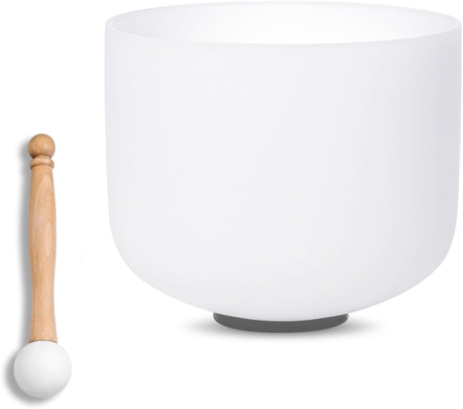 8 inch White C Note Root Chakra Quartz Crystal Singing Bowl, for Healing Mindfulness Meditation Yoga Sound Baths, with Rubber Mallet O-ring