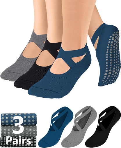 Pilates Grip Socks for Women Non Slip Skid Yoga Socks with Grips Straps for Ballet Dance Workout Gripper Sock