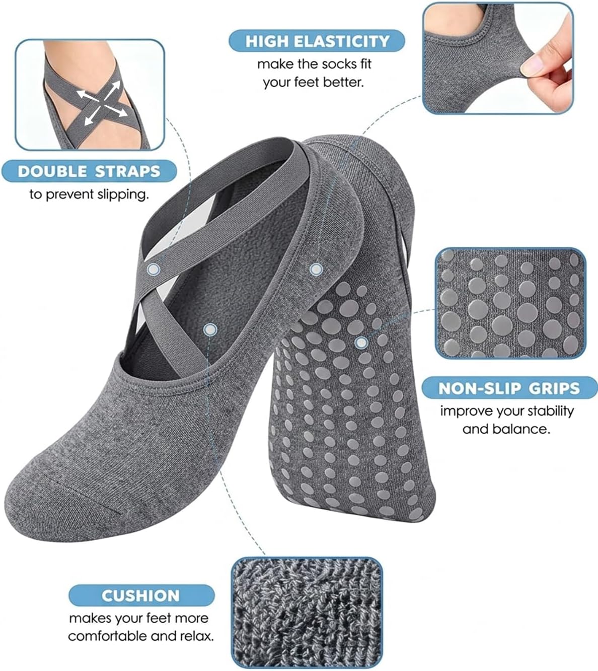 Pilates Grip Socks for Women Non Slip Skid Yoga Socks with Grips Straps for Ballet Dance Workout Gripper Sock