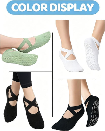 Pilates Grip Socks for Women Non Slip Skid Yoga Socks with Grips Straps for Ballet Dance Workout Gripper Sock