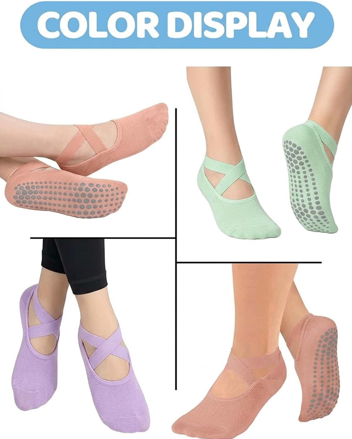 Pilates Grip Socks for Women Non Slip Skid Yoga Socks with Grips Straps for Ballet Dance Workout Gripper Sock