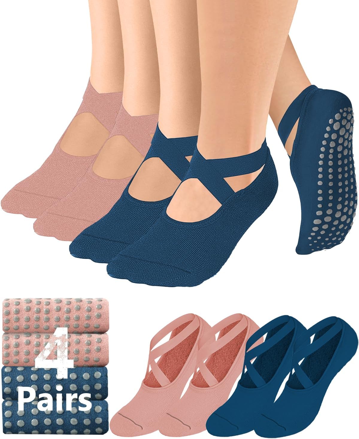 Pilates Grip Socks for Women Non Slip Skid Yoga Socks with Grips Straps for Ballet Dance Workout Gripper Sock