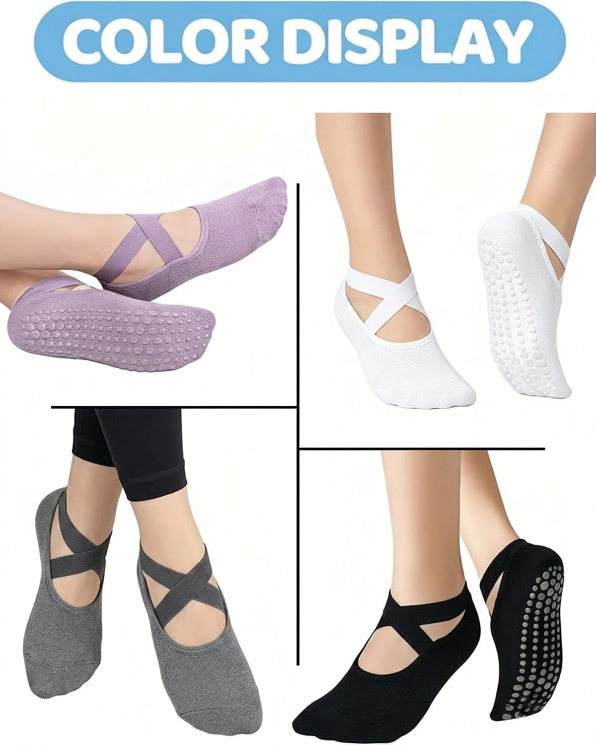 Pilates Grip Socks for Women Non Slip Skid Yoga Socks with Grips Straps for Ballet Dance Workout Gripper Sock