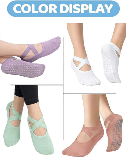 Pilates Grip Socks for Women Non Slip Skid Yoga Socks with Grips Straps for Ballet Dance Workout Gripper Sock