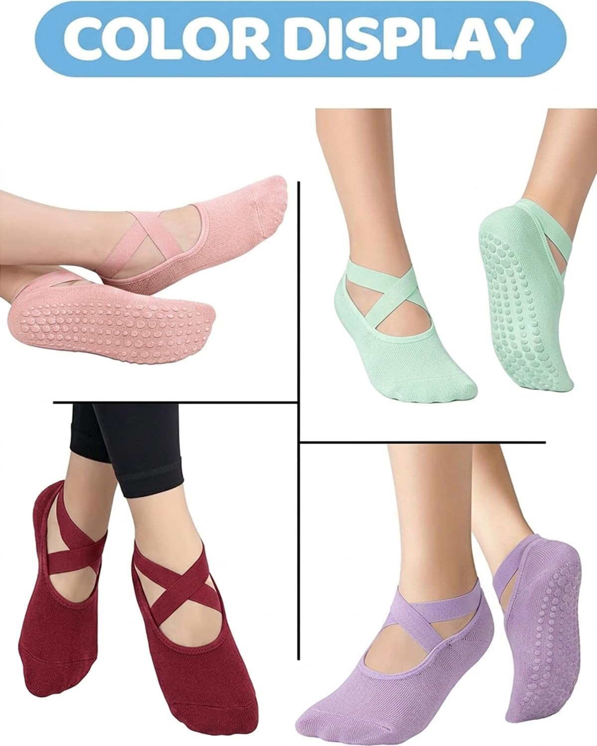 Pilates Grip Socks for Women Non Slip Skid Yoga Socks with Grips Straps for Ballet Dance Workout Gripper Sock