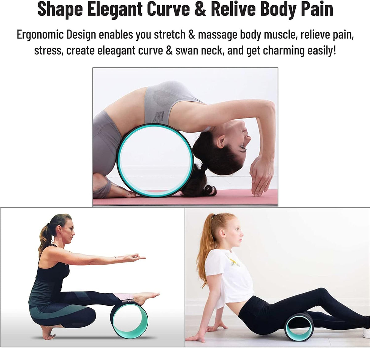 3in1 Foam Roller Fitness Yoga Wheel For Back Pain Relief, Stretching, Tissue Massage, & Spinal Alignment, Supports 660lbs, Set of 3, Black