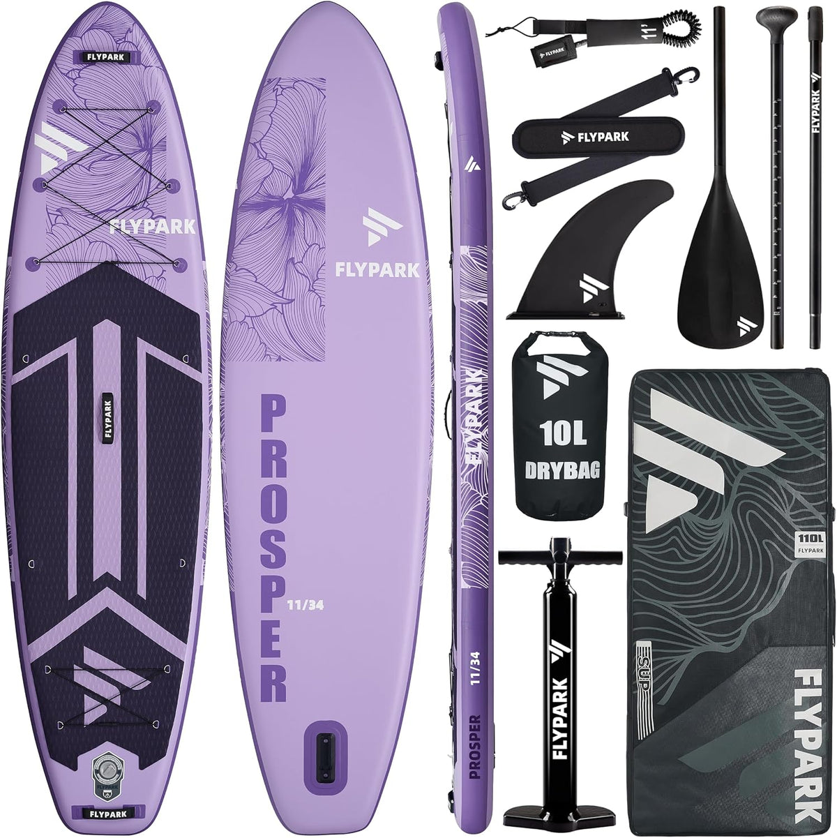 Flypark 11'x34 Inflatable Paddle Boards, Extra Wide SUP for 420lbs/3Adults, Yoga Stand Up Paddle Board, 110L Backpack, 15 D-Rings, Shoulder Strap, US-Fin, 2-Action Pump